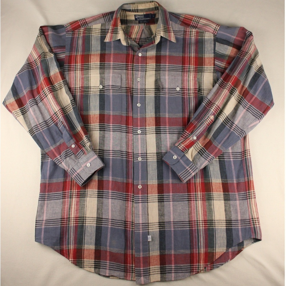 Polo Ralph Lauren Plaid Shirt Mens Large Linen Cotton Button Up Red Blue